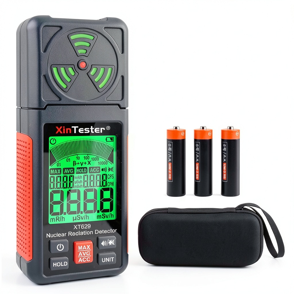 Xin Tester XT629 Geiger Counter displaying radiation levels on a large screen