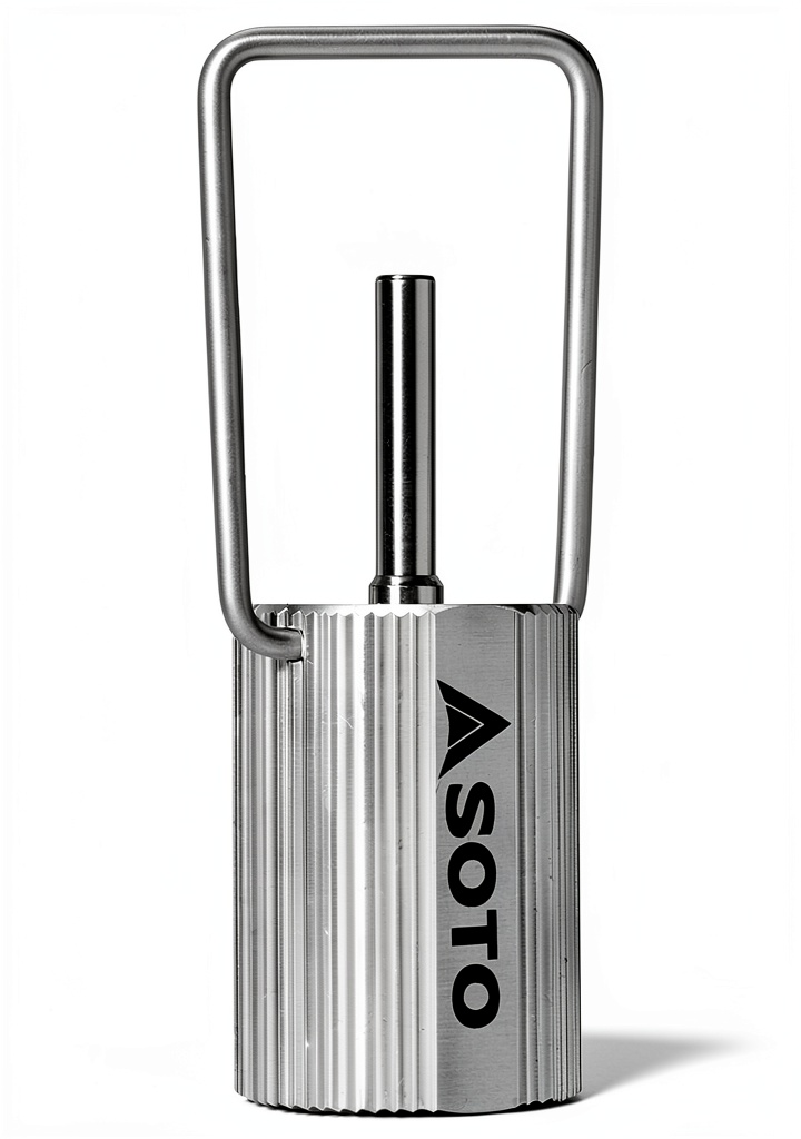 Installing SOTO Butane Refill Adapter Silver Alloy Steel on a wooden desk